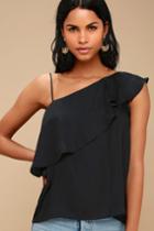 Chic Frills Black Satin-one Shoulder Top | Lulus