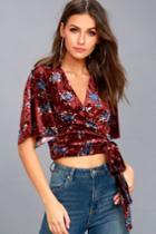 Moon River | Berry Pickin' Burgundy Floral Print Velvet Wrap Top | Size Large | Purple | 100% Polyester | Lulus