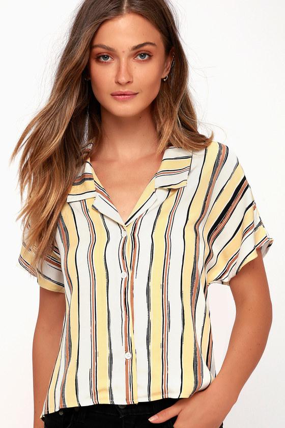 First Monday Riptide Yellow Striped Button-up Top | Lulus