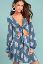 Lulus Filled With Wonder Denim Blue Floral Print Crop Top
