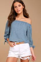 Lulus | Tender Moments Denim Blue Off-the-shoulder Crop Top | Size Large | 100% Polyester