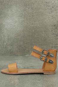 Qupid Dorinda Camel Burnished Ankle Strap Flat Sandals
