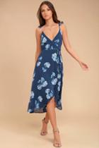 Lulus | One Desire Navy Blue Floral Print Wrap Dress | Size X-large | 100% Polyester