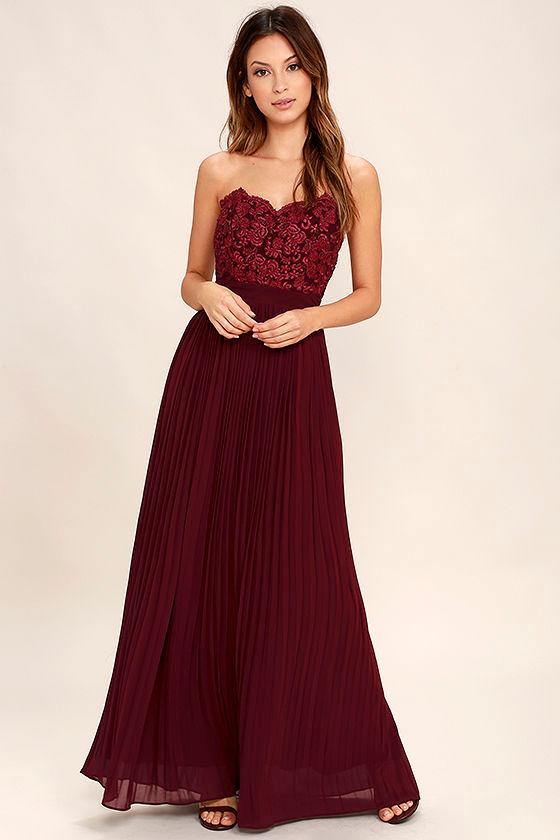 Marine Blu | Special Day Burgundy Lace Strapless Maxi Dress | Size Large | Purple | 100% Polyester | Lulus