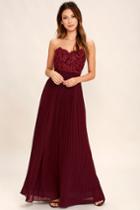 Marine Blu | Special Day Burgundy Lace Strapless Maxi Dress | Size Large | Purple | 100% Polyester | Lulus