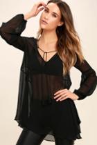 Lulus | Celestial Being Sheer Black Long Sleeve Tunic Top | Size X-small | 100% Polyester