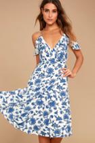 Lulus | Arise Blue And White Floral Print Off-the-shoulder Dress | Size X-small | 100% Polyester