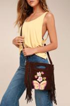 Lulus | California Dreamin' Brown Genuine Suede Leather Embroidered Purse