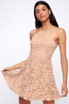 Love In The Air Nude Lace Skater Dress | Lulus