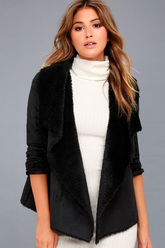 Jack By Bb Dakota | Benette Black Suede Sherpa Coat | Size X-small | Vegan Friendly | Lulus