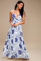 Dahlia Blue And White Floral Print Maxi Dress | Lulus