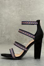 Bamboo Mariko Black Suede Embroidered Caged Heels