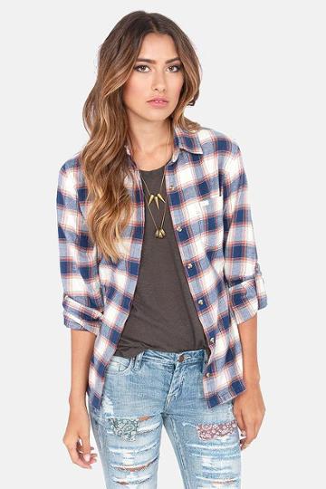 Obey Deja Vu Blue Flannel Button-up Top