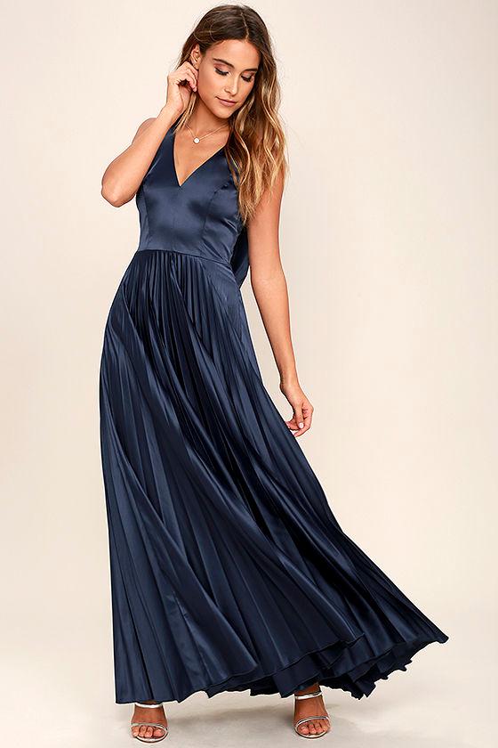 Lulus | Epic Night Navy Blue Satin Maxi Dress | Size Small | 100% Polyester