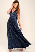 Lulus | Epic Night Navy Blue Satin Maxi Dress | Size Small | 100% Polyester