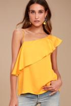Lulus | Chic Frills Yellow Satin One Shoulder Top | Size Large | 100% Polyester