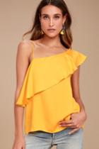 Lulus | Chic Frills Yellow Satin One Shoulder Top | Size Large | 100% Polyester