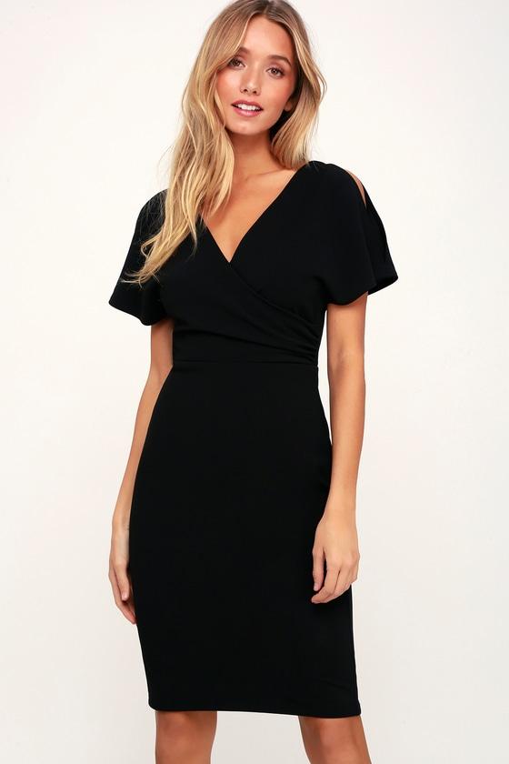 Raquel Black Cold Shoulder Surplice Dress | Lulus