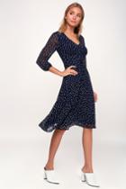 Elicia Navy Blue Polka Dot Long Sleeve Midi Dress | Lulus