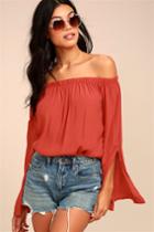 Lulus | Campfire Songs Rust Orange Off-the-shoulder Top | Size Large | 100% Rayon