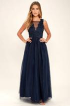 Lulus | Could Have Danced All Night Navy Blue Maxi Dress | Size Large | 100% Polyester