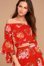 A Calin | Naturally Charming Red Floral Print Off-the-shoulder Crop Top | Size Large | 100% Polyester | Lulus