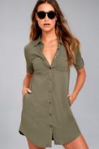 Lulus | Oxford Comma Olive Green Shirt Dress | Size Large