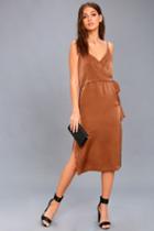 Evidnt | Fall In Love Rusty Brown Satin Midi Wrap Dress | Size Large | 100% Polyester | Lulus