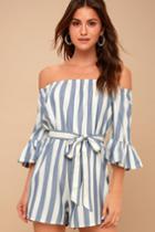 Billabong Fun For Now Blue And White Striped Off-the-shoulder Romper | Lulus