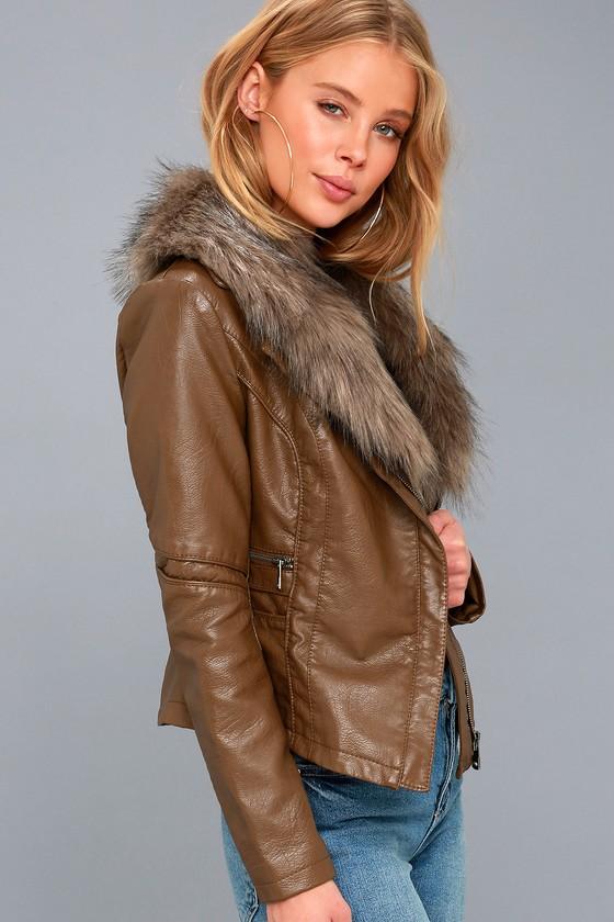 Coalition La Amherst Brown Faux Fur Trim Vegan Leather Moto Jacket | Lulus