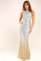 Lulus | Infinite Dreams Gold And Silver Ombre Sequin Maxi Dress | Size Large | 100% Polyester
