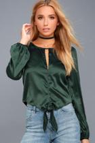 Lulus Life Of The Party Forest Green Satin Long Sleeve Top