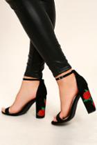 Wild Diva Lounge | Felora Black Suede Embroidered Ankle Strap Heels | Size 6 | Vegan Friendly | Lulus