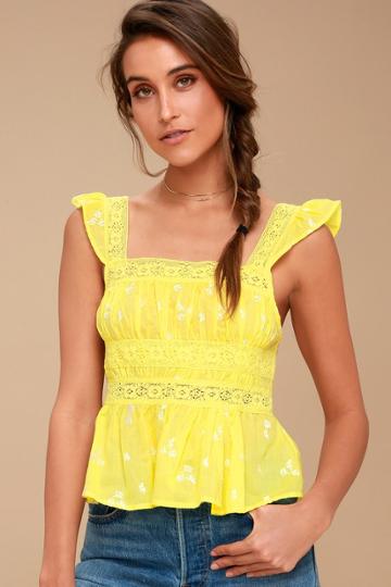 Free People Beautiful Fleurs Embroidered Yellow Lace Top | Lulus
