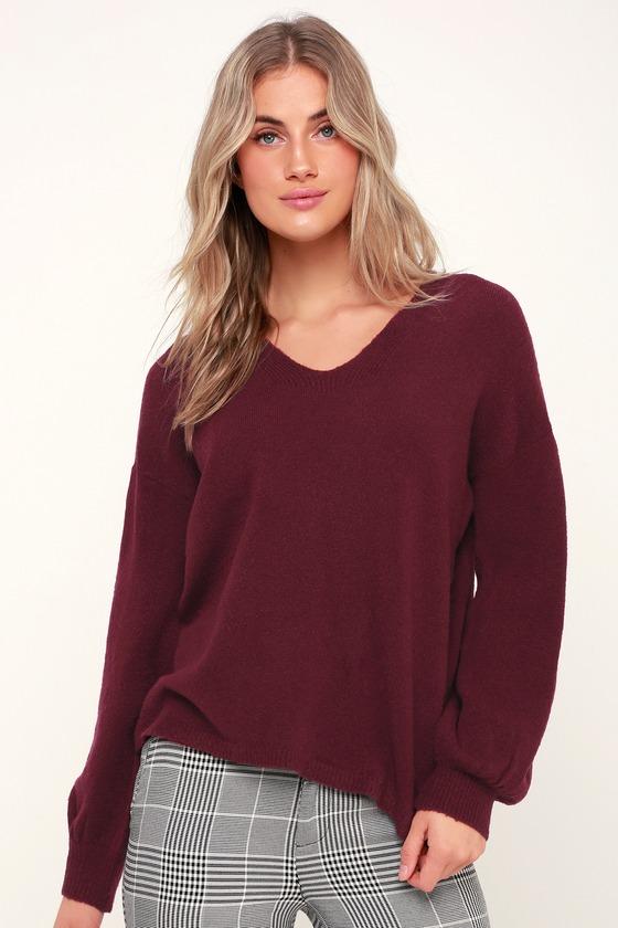 Olive + Oak Ashlyn Burgundy Balloon Sleeve Knit Sweater | Lulus