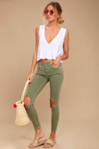 Free People High Rise Busted Olive Green Distressed Skinny Jeans