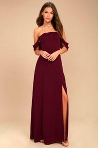 J.o.a. Veronique Burgundy Off-the-shoulder Maxi Dress