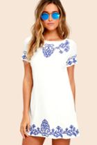 Lulus | Tale To Tell Blue And Ivory Embroidered Shift Dress | Size Small | White | 100% Polyester