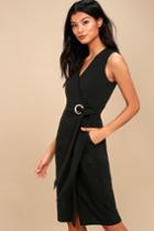 Lulus | Office Aesthetic Black Midi Wrap Dress | Size Large | 100% Polyester