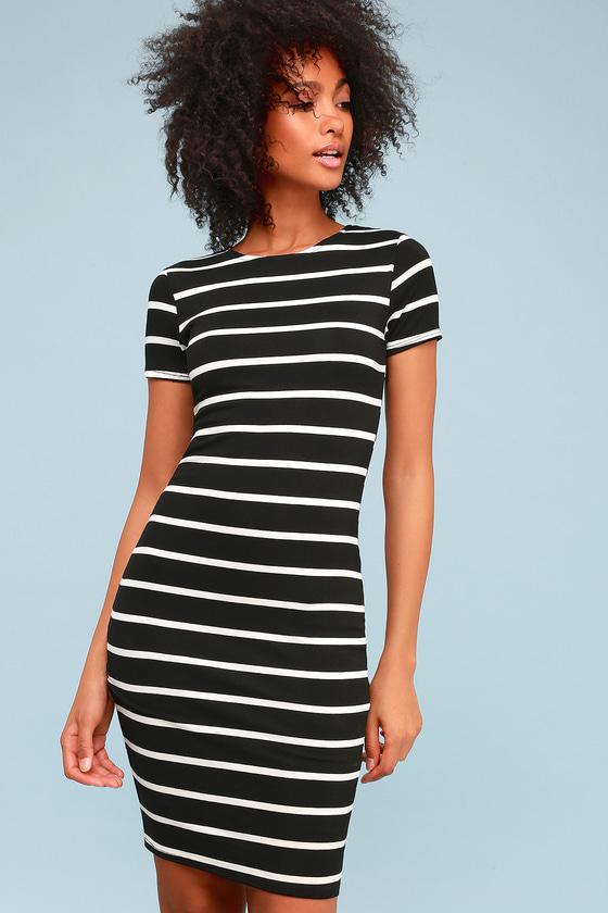 Drop Me A Line Black And White Striped Bodycon Dress | Lulus