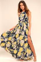 Precious Memories Navy Blue And Yellow Floral Print Maxi Dress | Lulus
