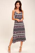 Lulus Tahiti Sweetie Navy Blue And Beige Print Midi Dress