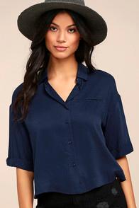 Fore She's Got Class Navy Blue Button-up Crop Top