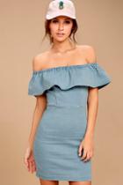 Lulus Time Of Your Life Light Blue Denim Off-the-shoulder Dress