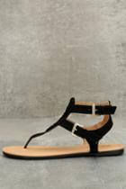 Qupid | Draya Black Suede Flat Sandal Heels | Size 5.5 | Vegan Friendly | Lulus