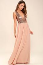 Lulus Elegant Encounter Rose Gold Sequin Maxi Dress