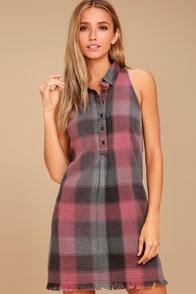 Olive + Oak Dane Grey And Pink Plaid Sleeveless Shirt Dress