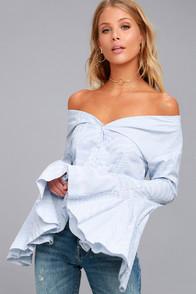 Lulus Clear Sailing Blue And White Striped Off-the-shoulder Top