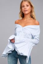 Lulus Clear Sailing Blue And White Striped Off-the-shoulder Top