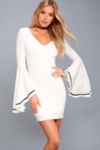 Lulus | Most Beloved White Bell Sleeve Bodycon Dress | Size Medium | 100% Polyester